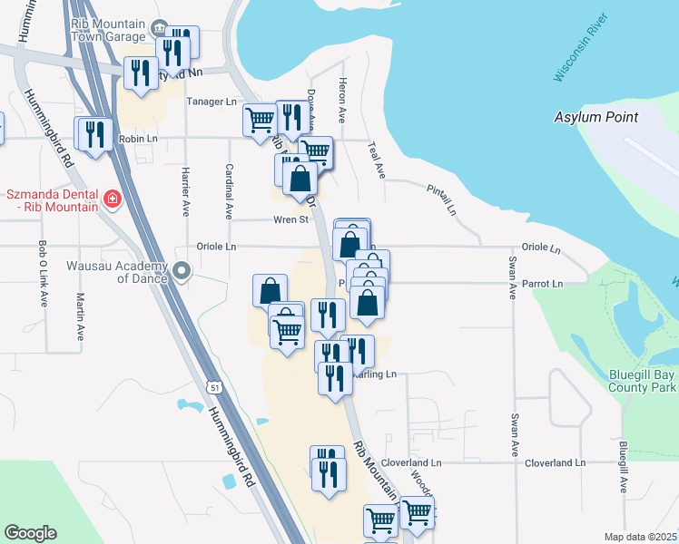map of restaurants, bars, coffee shops, grocery stores, and more near Rib Mountain Drive in Wausau