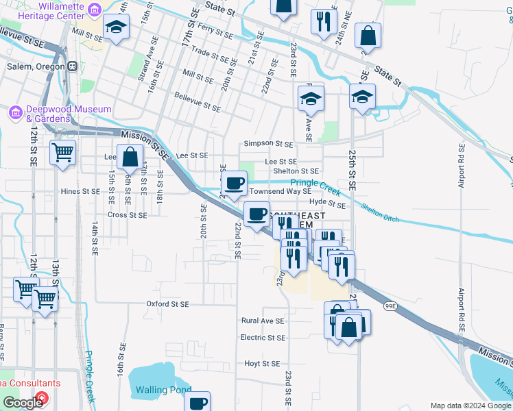 map of restaurants, bars, coffee shops, grocery stores, and more near 2236 Hyde Street Southeast in Salem