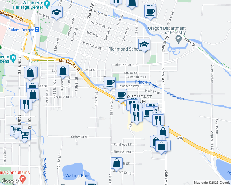 map of restaurants, bars, coffee shops, grocery stores, and more near 2220 Hyde Street Southeast in Salem