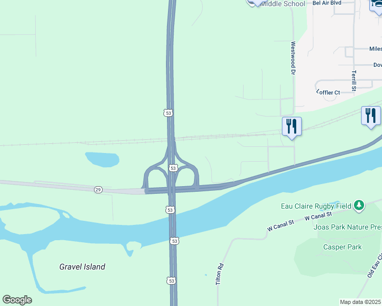 map of restaurants, bars, coffee shops, grocery stores, and more near 110 Sunshine Circle in Chippewa Falls