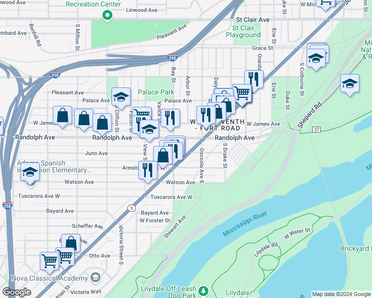 map of restaurants, bars, coffee shops, grocery stores, and more near 1031 7th Street West in Saint Paul