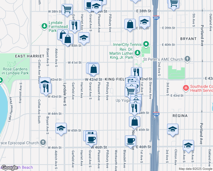 map of restaurants, bars, coffee shops, grocery stores, and more near 4206 Pillsbury Avenue in Minneapolis