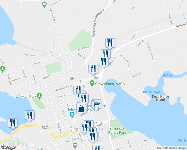 map of restaurants, bars, coffee shops, grocery stores, and more near 350 Winewood Avenue East in Gravenhurst