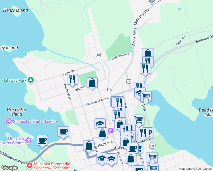 map of restaurants, bars, coffee shops, grocery stores, and more near 815 Muskoka Road North in Gravenhurst