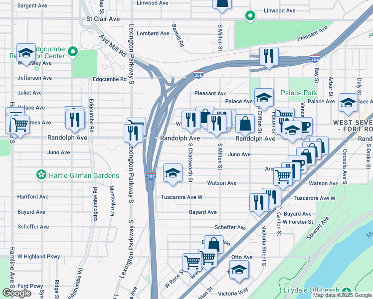 map of restaurants, bars, coffee shops, grocery stores, and more near 998 Randolph Avenue in Saint Paul