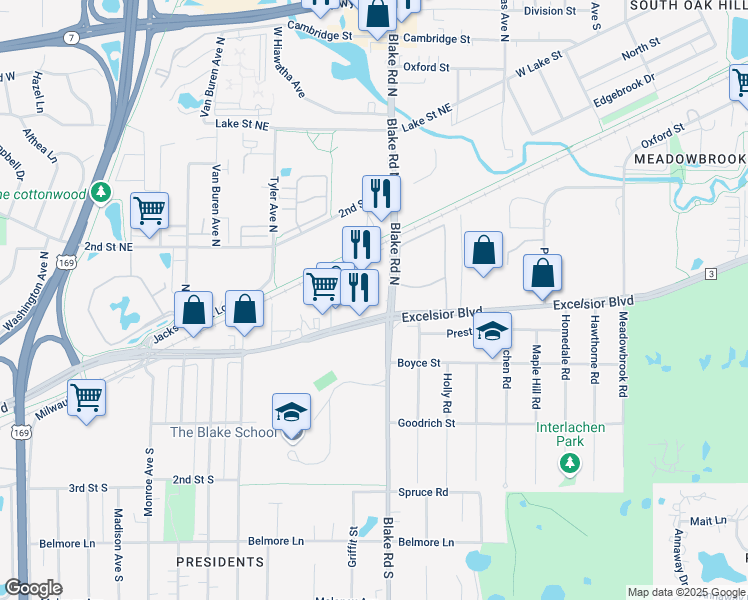 map of restaurants, bars, coffee shops, grocery stores, and more near 8490 Excelsior Boulevard in Hopkins