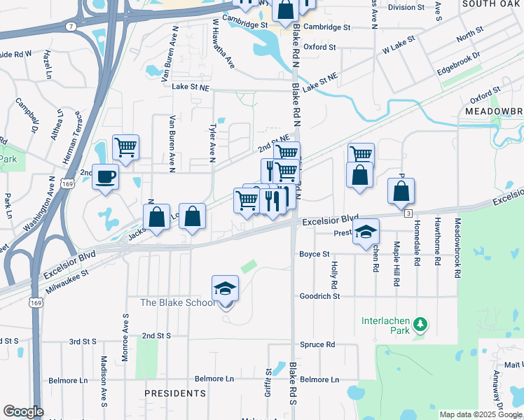 map of restaurants, bars, coffee shops, grocery stores, and more near 1025 Hill Street in Hopkins