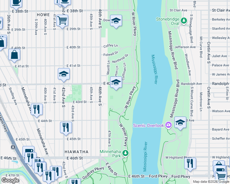 map of restaurants, bars, coffee shops, grocery stores, and more near 4200 West River Parkway in Minneapolis