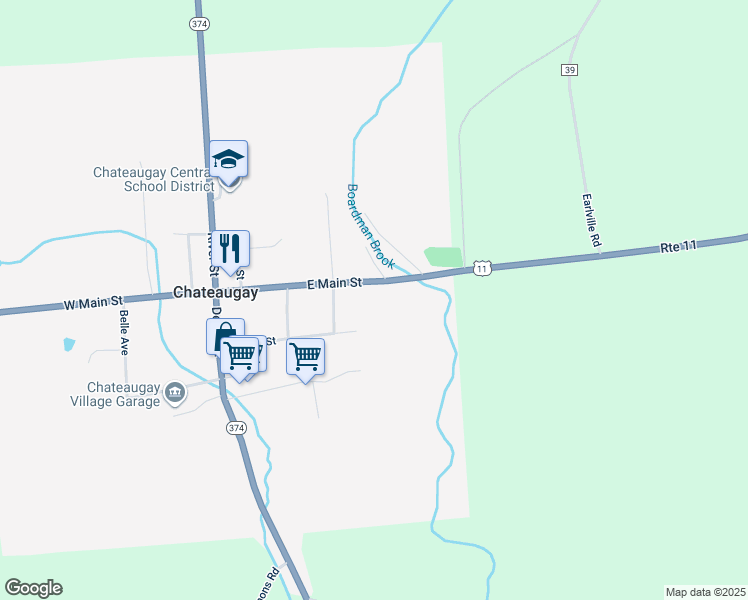 map of restaurants, bars, coffee shops, grocery stores, and more near 242 East Main Street in Chateaugay