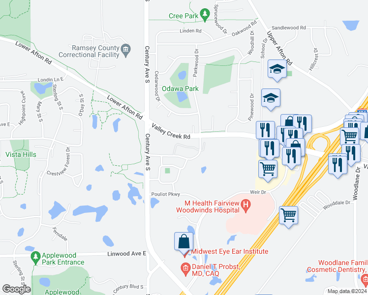 map of restaurants, bars, coffee shops, grocery stores, and more near 1550 Parkwood Drive in Woodbury