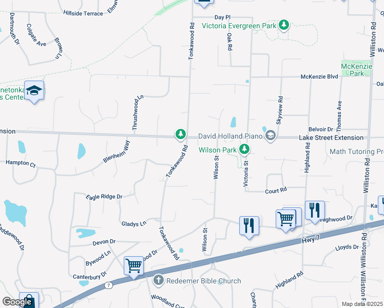 map of restaurants, bars, coffee shops, grocery stores, and more near 4225 Tonkawood Road in Minnetonka
