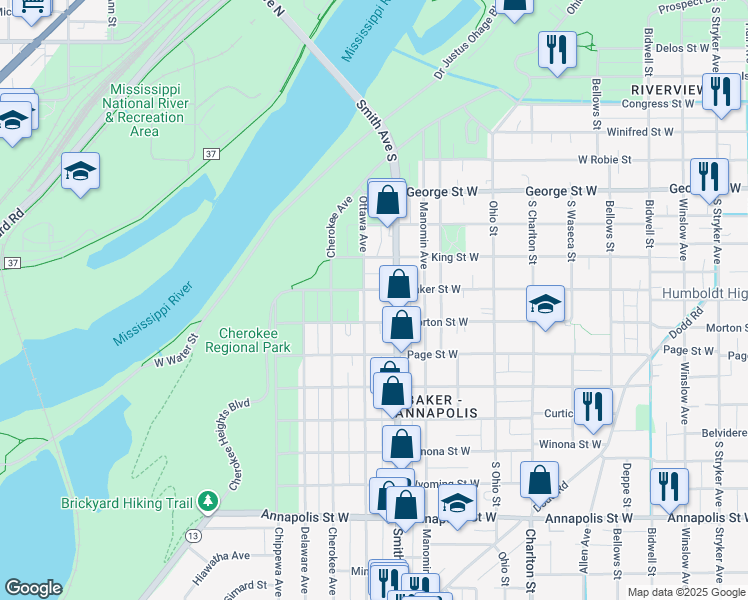 map of restaurants, bars, coffee shops, grocery stores, and more near 434 Baker Street West in Saint Paul