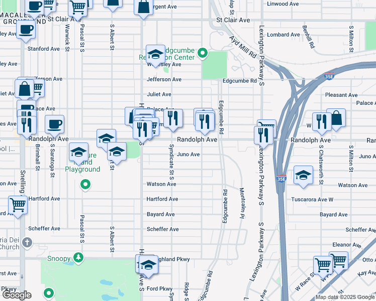 map of restaurants, bars, coffee shops, grocery stores, and more near 1247 Juno Avenue in Saint Paul