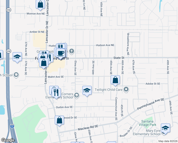 map of restaurants, bars, coffee shops, grocery stores, and more near 4342 State Street in Salem