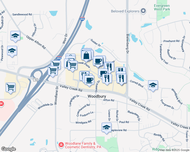 map of restaurants, bars, coffee shops, grocery stores, and more near 7200 Valley Creek Plaza in Woodbury