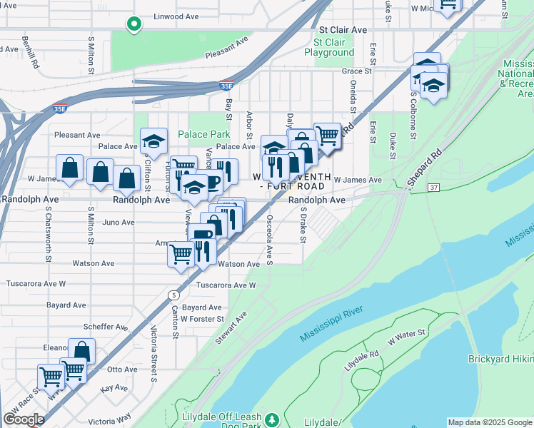 map of restaurants, bars, coffee shops, grocery stores, and more near 1031 7th Street West in Saint Paul