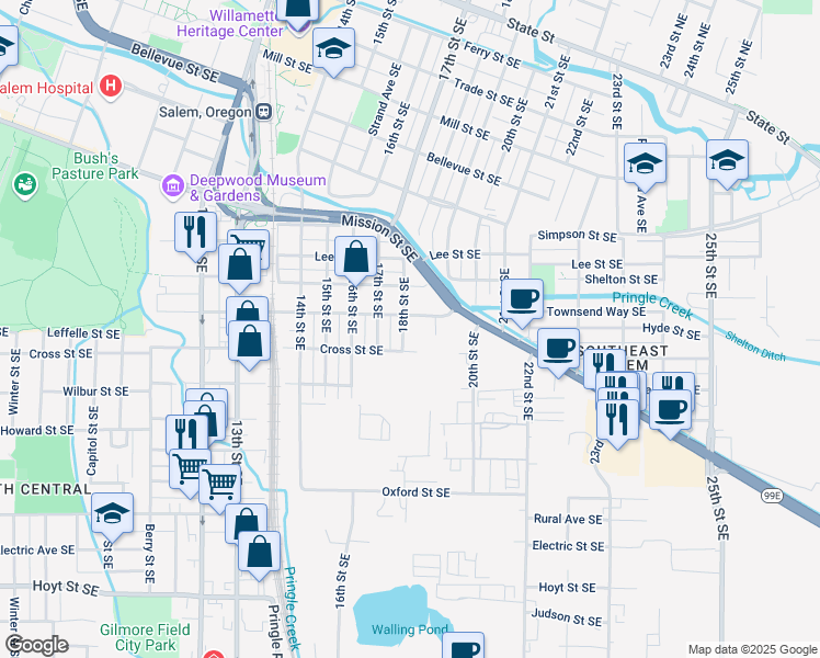 map of restaurants, bars, coffee shops, grocery stores, and more near 1806 Hines Street Southeast in Salem