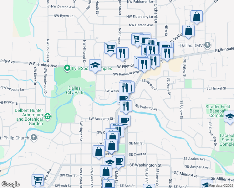 map of restaurants, bars, coffee shops, grocery stores, and more near 233 Southwest Walnut Avenue in Dallas