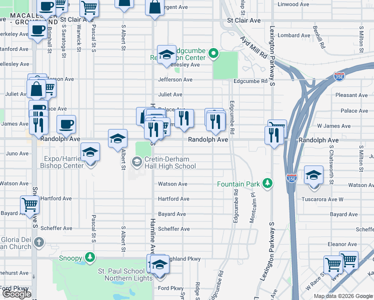 map of restaurants, bars, coffee shops, grocery stores, and more near 1282 Randolph Avenue in Saint Paul