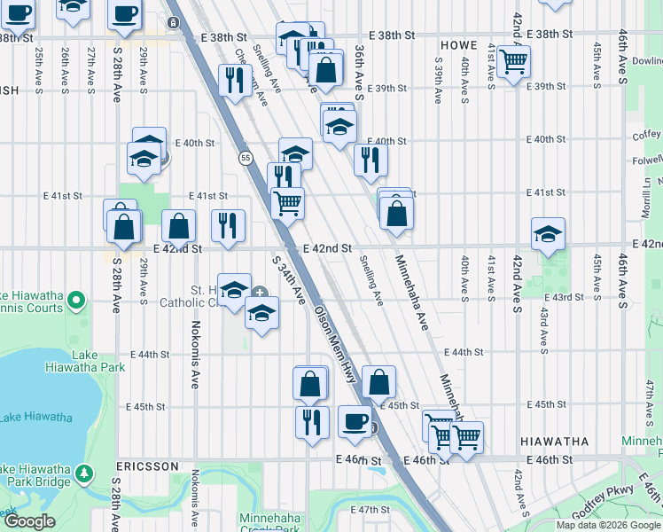 map of restaurants, bars, coffee shops, grocery stores, and more near 3505 East 42nd Street in Minneapolis