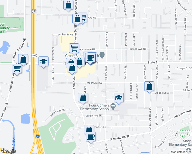 map of restaurants, bars, coffee shops, grocery stores, and more near 257 Helton Way Southeast in Salem