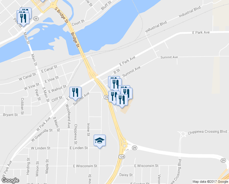map of restaurants, bars, coffee shops, grocery stores, and more near 354 Chippewa Mall Dr in Chippewa Falls