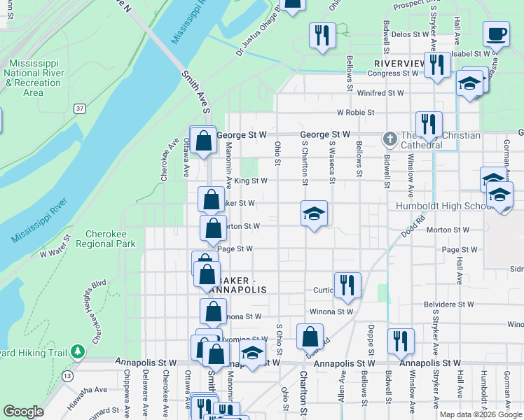 map of restaurants, bars, coffee shops, grocery stores, and more near 318 Baker Street West in Saint Paul