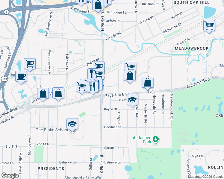 map of restaurants, bars, coffee shops, grocery stores, and more near 97 Blake Road South in Hopkins