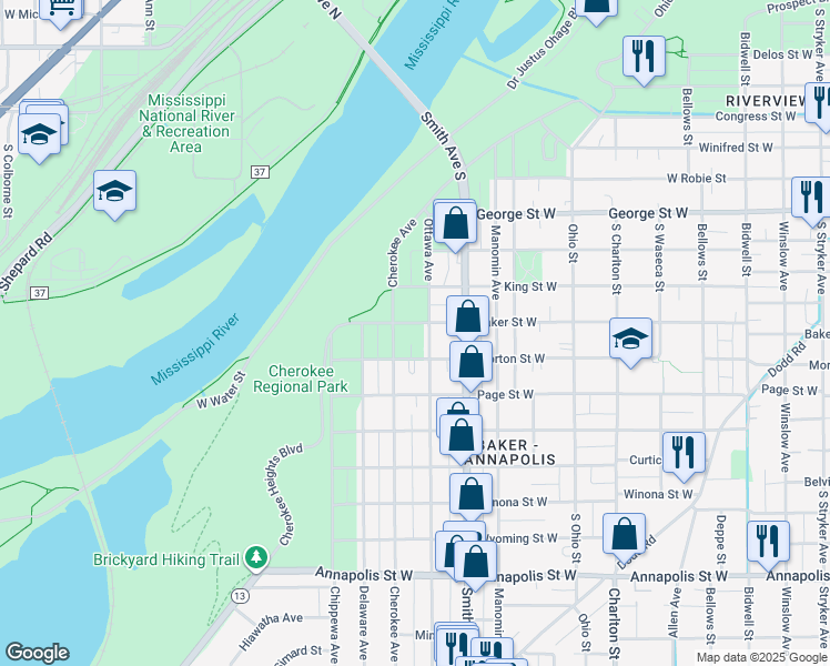 map of restaurants, bars, coffee shops, grocery stores, and more near 434 Baker Street West in Saint Paul