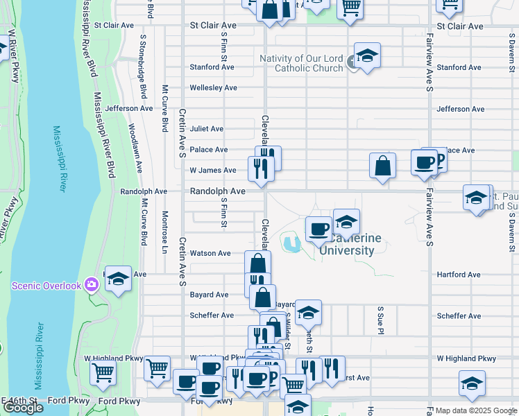 map of restaurants, bars, coffee shops, grocery stores, and more near 503 Cleveland Avenue South in Saint Paul