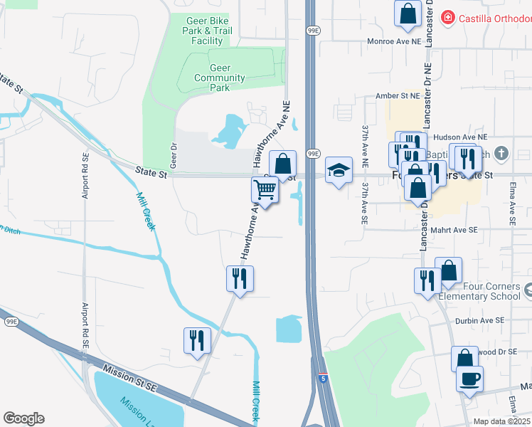 map of restaurants, bars, coffee shops, grocery stores, and more near 200 Hawthorne Avenue Southeast in Salem