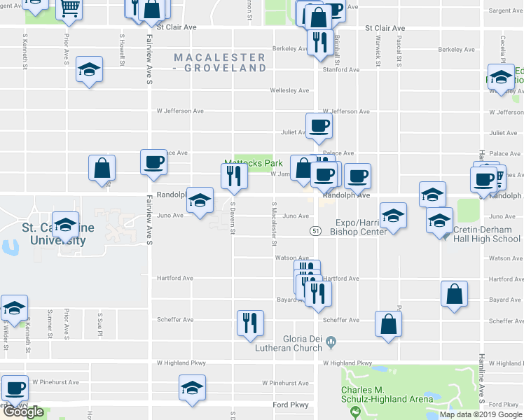 map of restaurants, bars, coffee shops, grocery stores, and more near 1655 Juno Avenue in Saint Paul