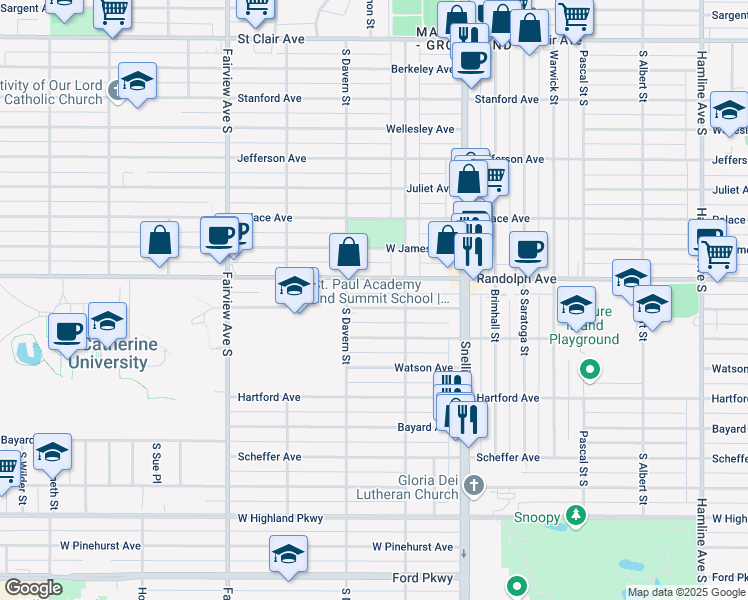 map of restaurants, bars, coffee shops, grocery stores, and more near 1669 Juno Avenue in Saint Paul
