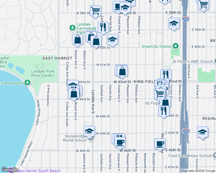 map of restaurants, bars, coffee shops, grocery stores, and more near 4209 Garfield Avenue in Minneapolis