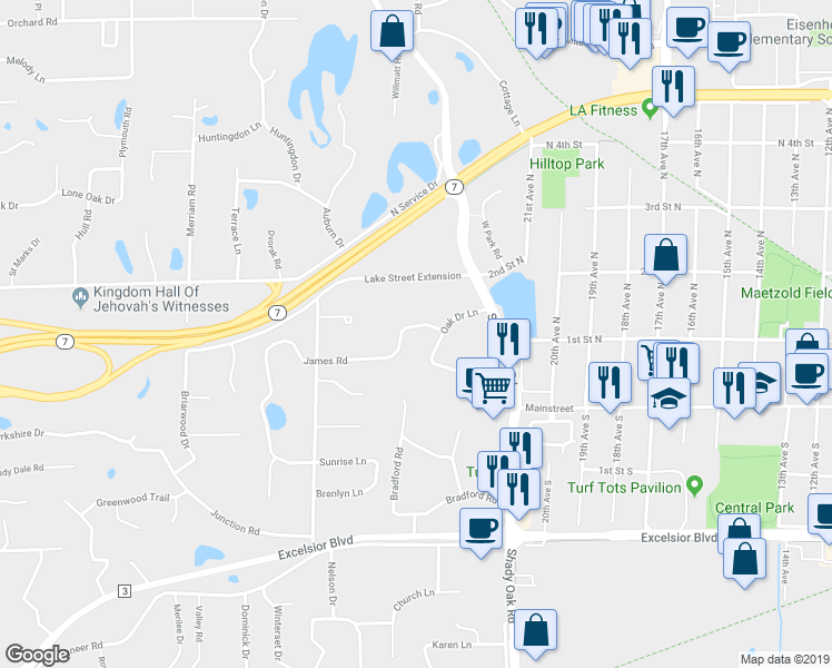 map of restaurants, bars, coffee shops, grocery stores, and more near 11901 James Road in Hopkins