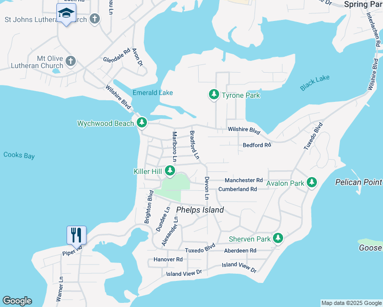 map of restaurants, bars, coffee shops, grocery stores, and more near 4828 Brunswick Road in Mound