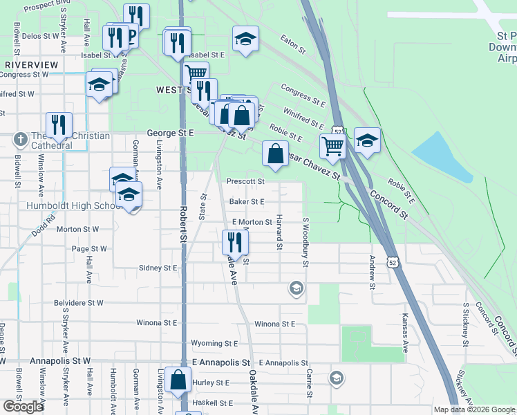map of restaurants, bars, coffee shops, grocery stores, and more near 216 Baker Street East in Saint Paul