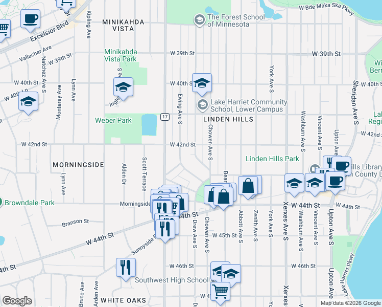map of restaurants, bars, coffee shops, grocery stores, and more near 4208 Drew Avenue South in Minneapolis