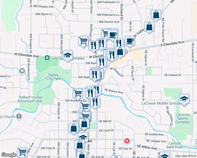 map of restaurants, bars, coffee shops, grocery stores, and more near 124 Southwest Walnut Avenue in Dallas