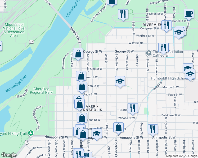map of restaurants, bars, coffee shops, grocery stores, and more near 318 Baker Street West in Saint Paul