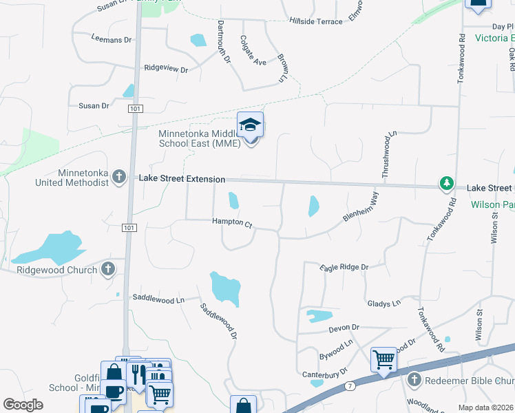 map of restaurants, bars, coffee shops, grocery stores, and more near 16924 Marlborough Circle in Minnetonka