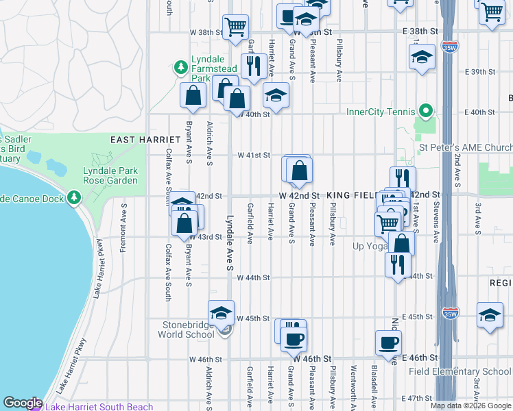 map of restaurants, bars, coffee shops, grocery stores, and more near 4209 Garfield Avenue in Minneapolis