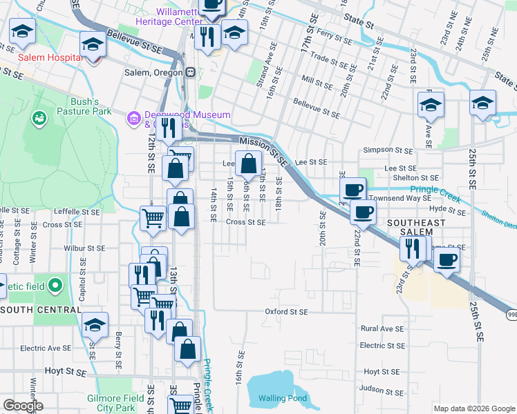 map of restaurants, bars, coffee shops, grocery stores, and more near 1658-1678 Hines Street Southeast in Salem
