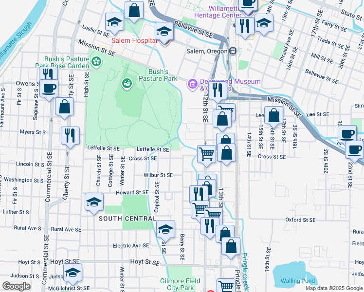 map of restaurants, bars, coffee shops, grocery stores, and more near 1101-1123 Leffelle Street Southeast in Salem