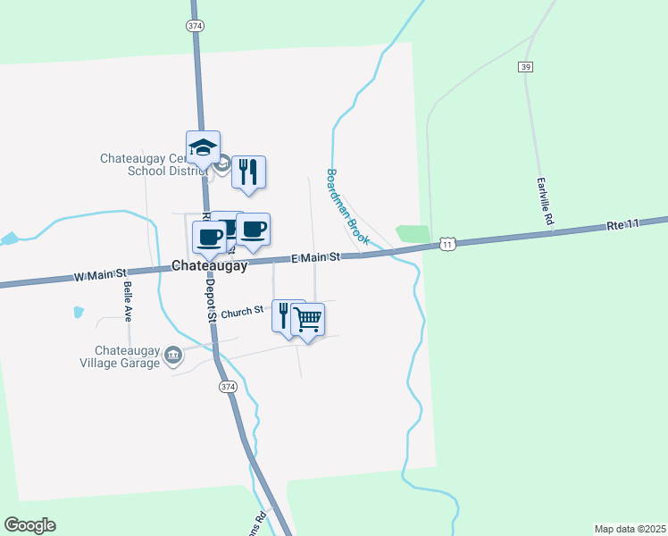 map of restaurants, bars, coffee shops, grocery stores, and more near 242 East Main Street in Chateaugay