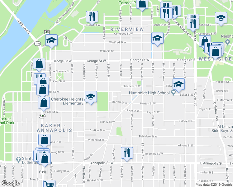 map of restaurants, bars, coffee shops, grocery stores, and more near 645 Bidwell Street in Saint Paul