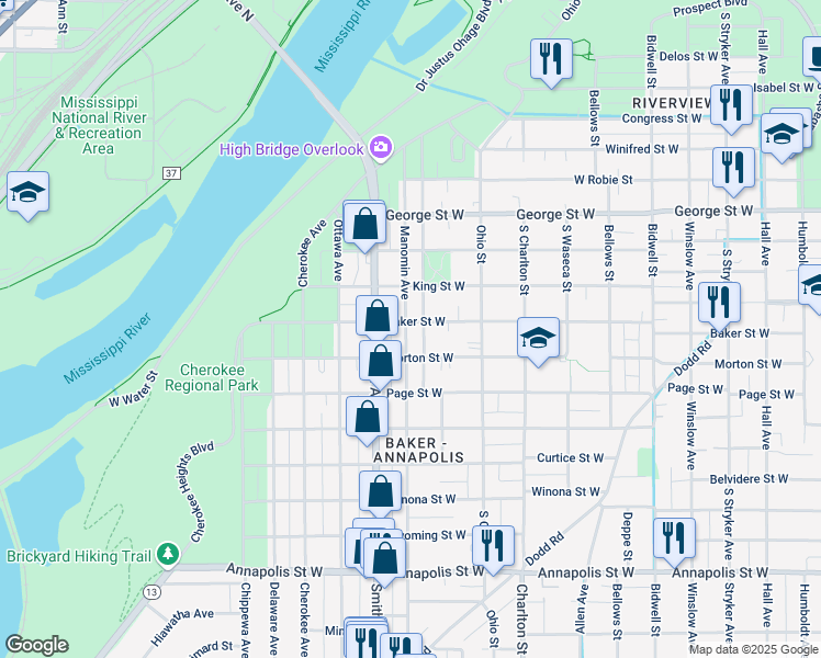 map of restaurants, bars, coffee shops, grocery stores, and more near 358 Baker Street West in Saint Paul
