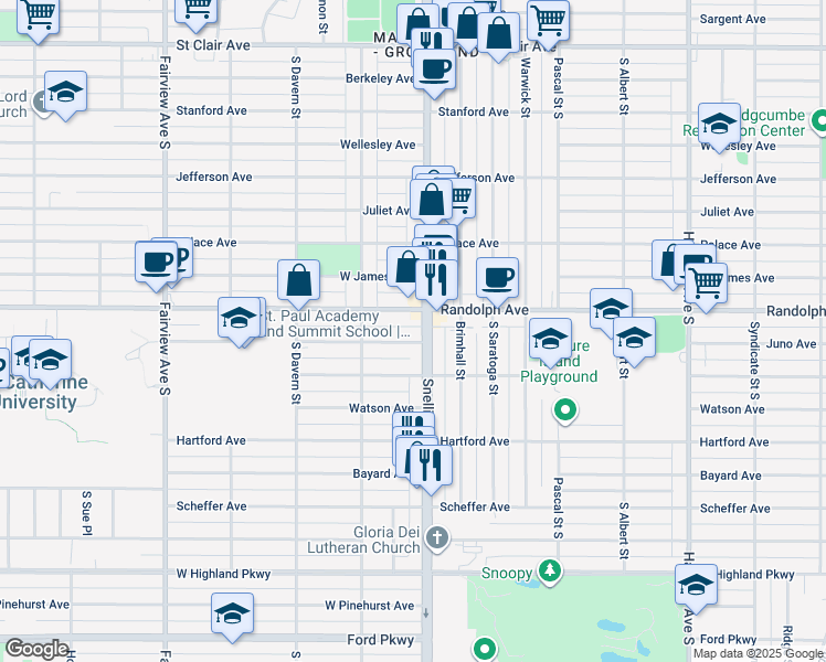 map of restaurants, bars, coffee shops, grocery stores, and more near 499 Snelling Avenue South in Saint Paul