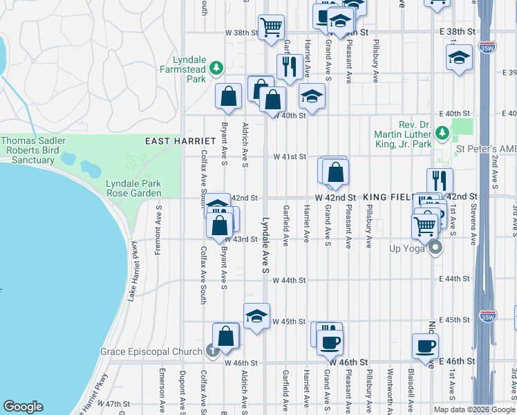 map of restaurants, bars, coffee shops, grocery stores, and more near 4207 Lyndale Avenue South in Minneapolis