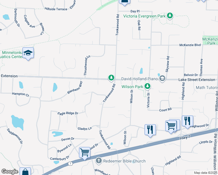 map of restaurants, bars, coffee shops, grocery stores, and more near 4225 Tonkawood Road in Minnetonka